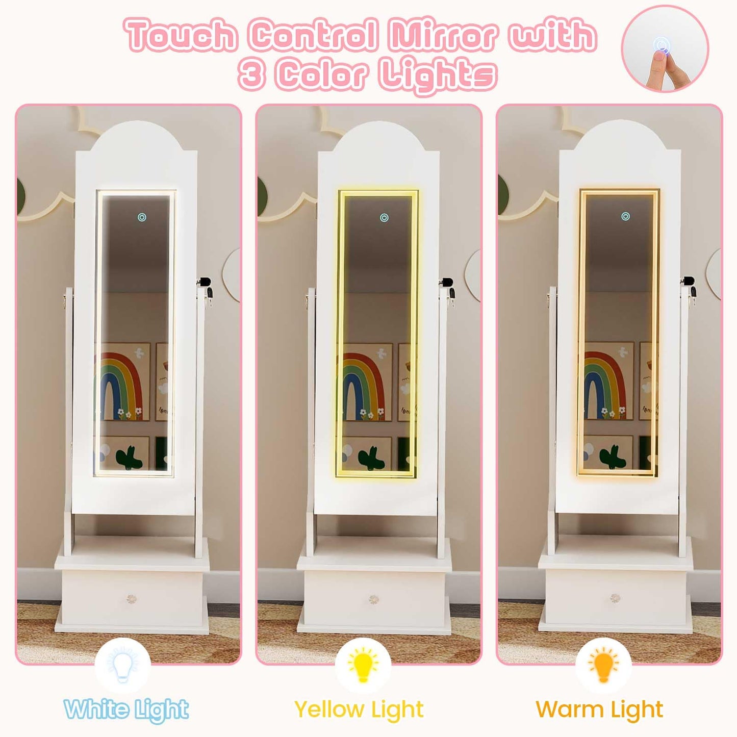 INFANS Kids Jewelry Armoire Cabinet with LED Lights, Lockable Standing Organizer with Full-length Mirror, Unicorn Theme Children Vanity Dress Up Storage Rack for Girls