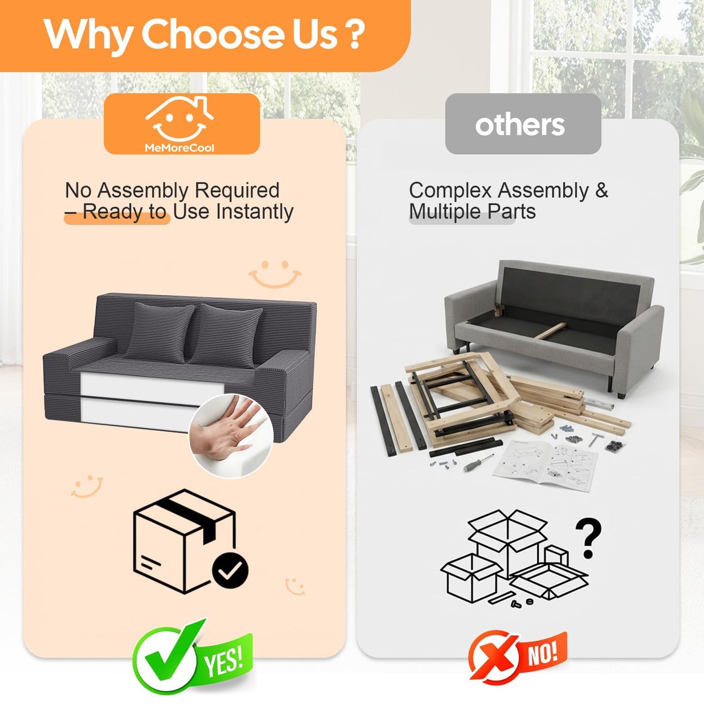MeMoreCool Folding Sofa Bed Boneless Couch, 59" Loveseat Convertible Futon, Corduroy Foldable 2-in-1 Floor Sleeper for Small Living Room, Apartment, Guest Room, Foam Support & Washable Cover, Grey