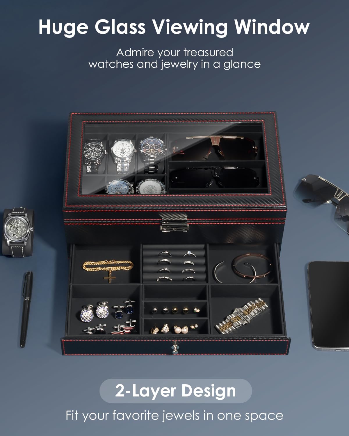 Kukikan Watch Jewelry Box Organizer, 6-Slot 2-Layer Watch Case and Sunglasses Storage with Large Glass Lid, Men's Jewelry Box with Lock, Watch Holder Display Case, Fathers Day Gift for Dad