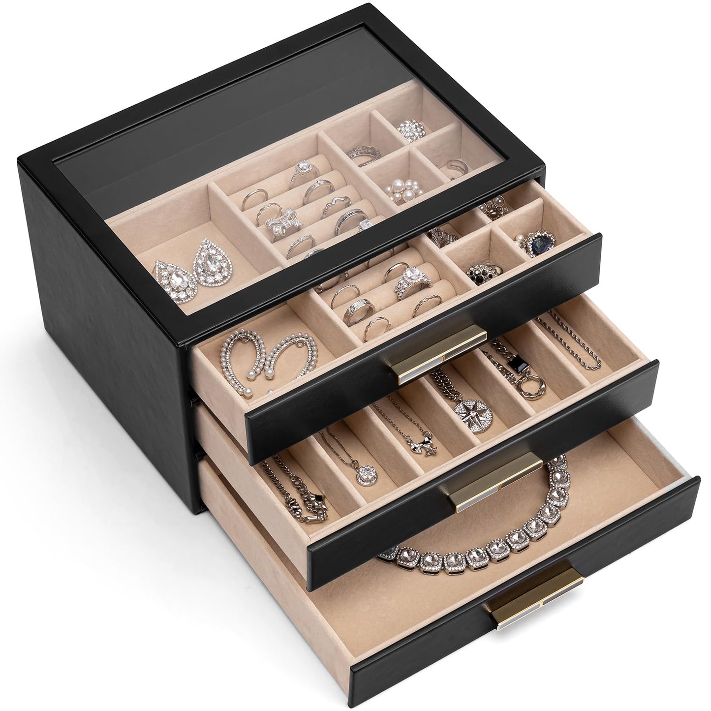 VLANDO Jewelry Box for Women, 3-Layer Jewelry Organizer with Drawers, Glass Lid Display Jewelry Storage, Soft PU Leather Exterior, Contrast Gold Metal Handles, Refined Style - Black