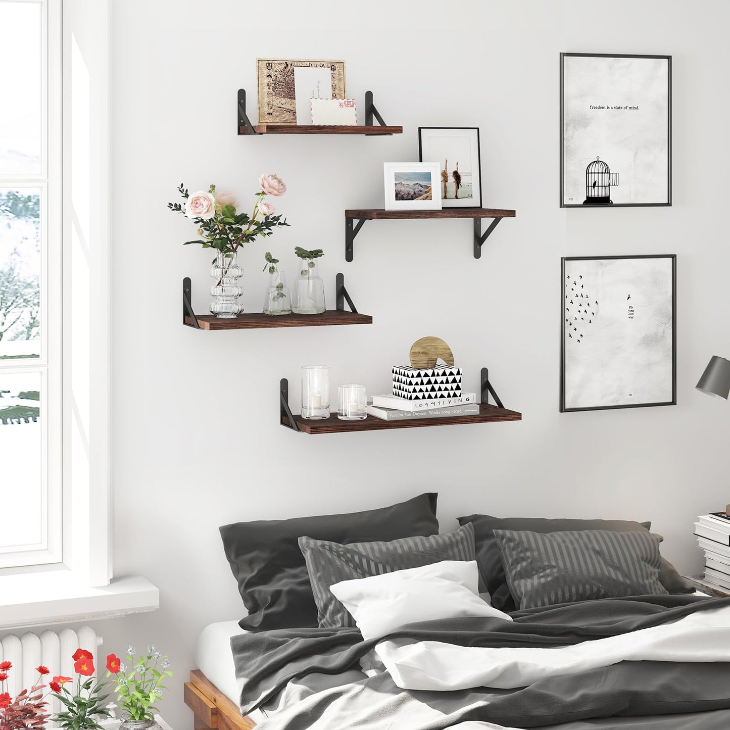 YGEOMER Floating Shelves for Wall, Different Sizes Dark Carbonized Pine Wall Shelves for Living Room, Bathroom, Bedroom, Kitchen, Home Decor (Set of 4)