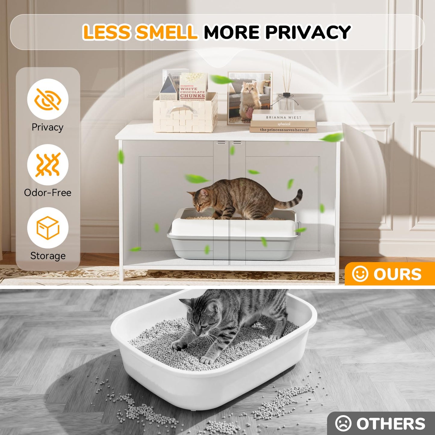 Fecuria Cat Litter Box Enclosure Furniture Dog Proof, Hidden Kitty Washroom Cabinet Low Entry, Wooden Cat Boxes Enclosure Odor Control for Home, Farmhouse Style Decorative TV Stand with Storage, White