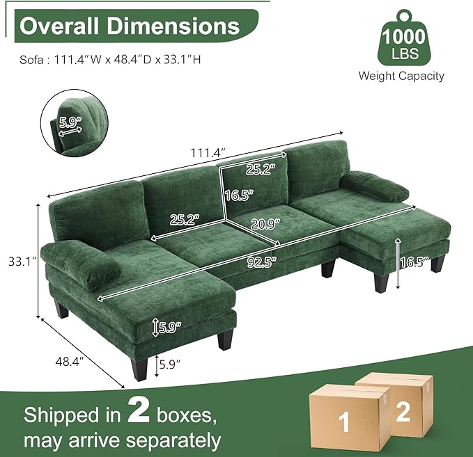 Karl home 111" Sectional Sofa U-Shaped 4-Seat Couch
