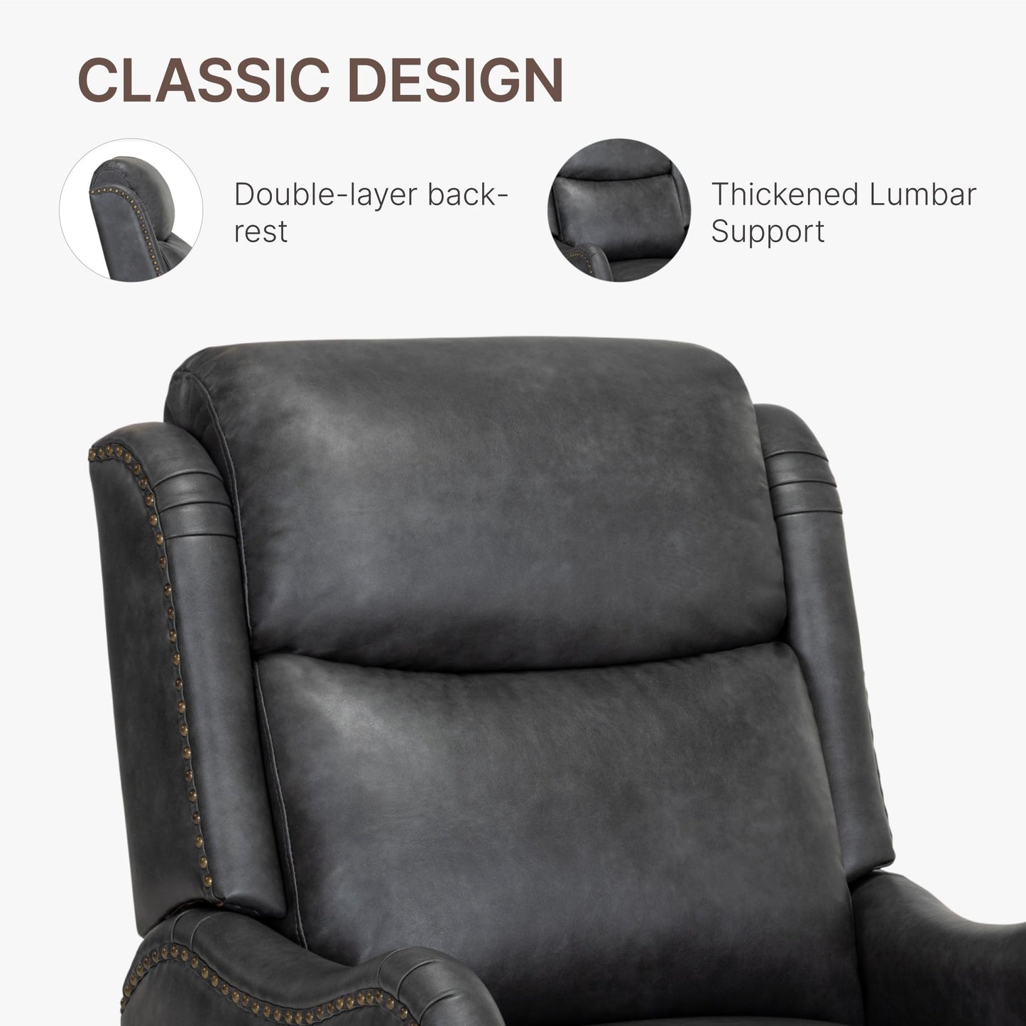 KISLOT Faux Leather Pushback Recliner Chair with Rivet Trim, Vintage Manual Accent Armchair, Single Sofa for Living Room Bedroom Office