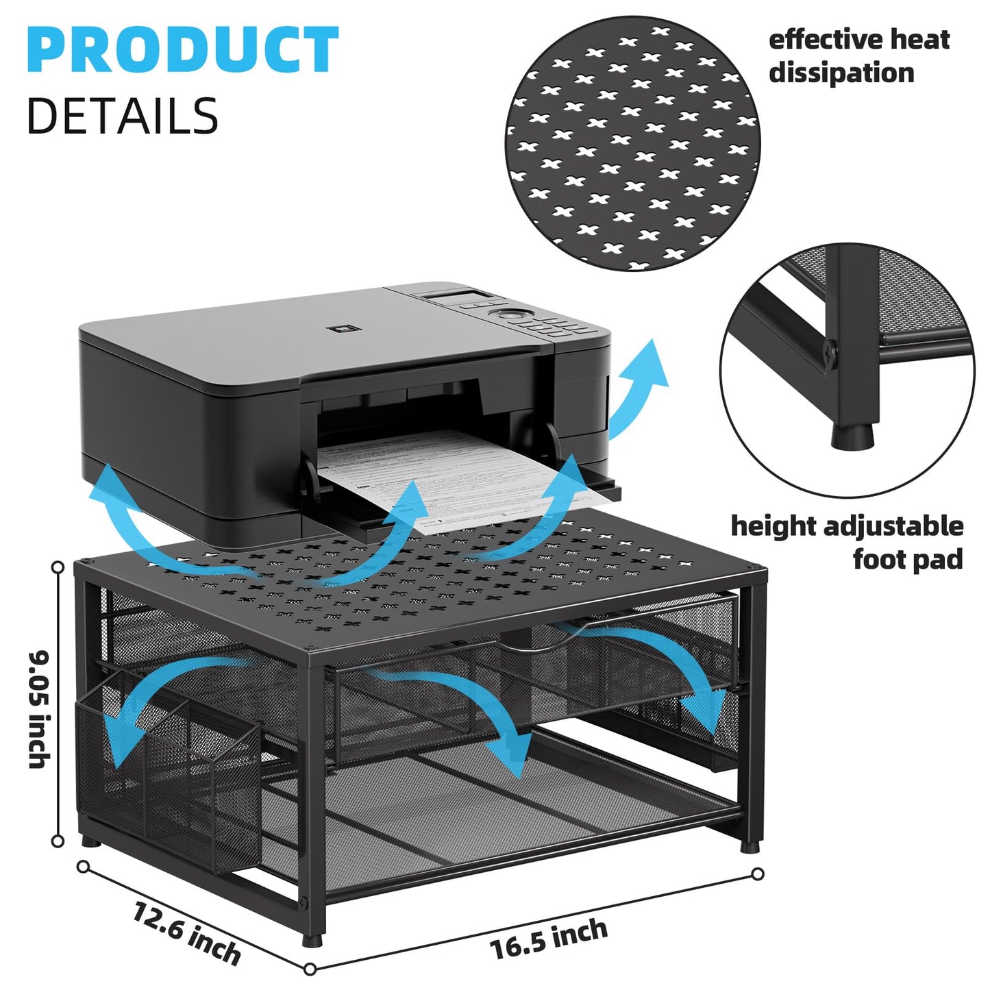 Marbrasse Metal Printer Stand for Desk with Storage Drawer and 2 Pen Holders, 2-Tier Desktop Organizer Printer Table for Home Office, Multi-Purpose Desk Organizer for Fax Machine Scanner Files(Black)