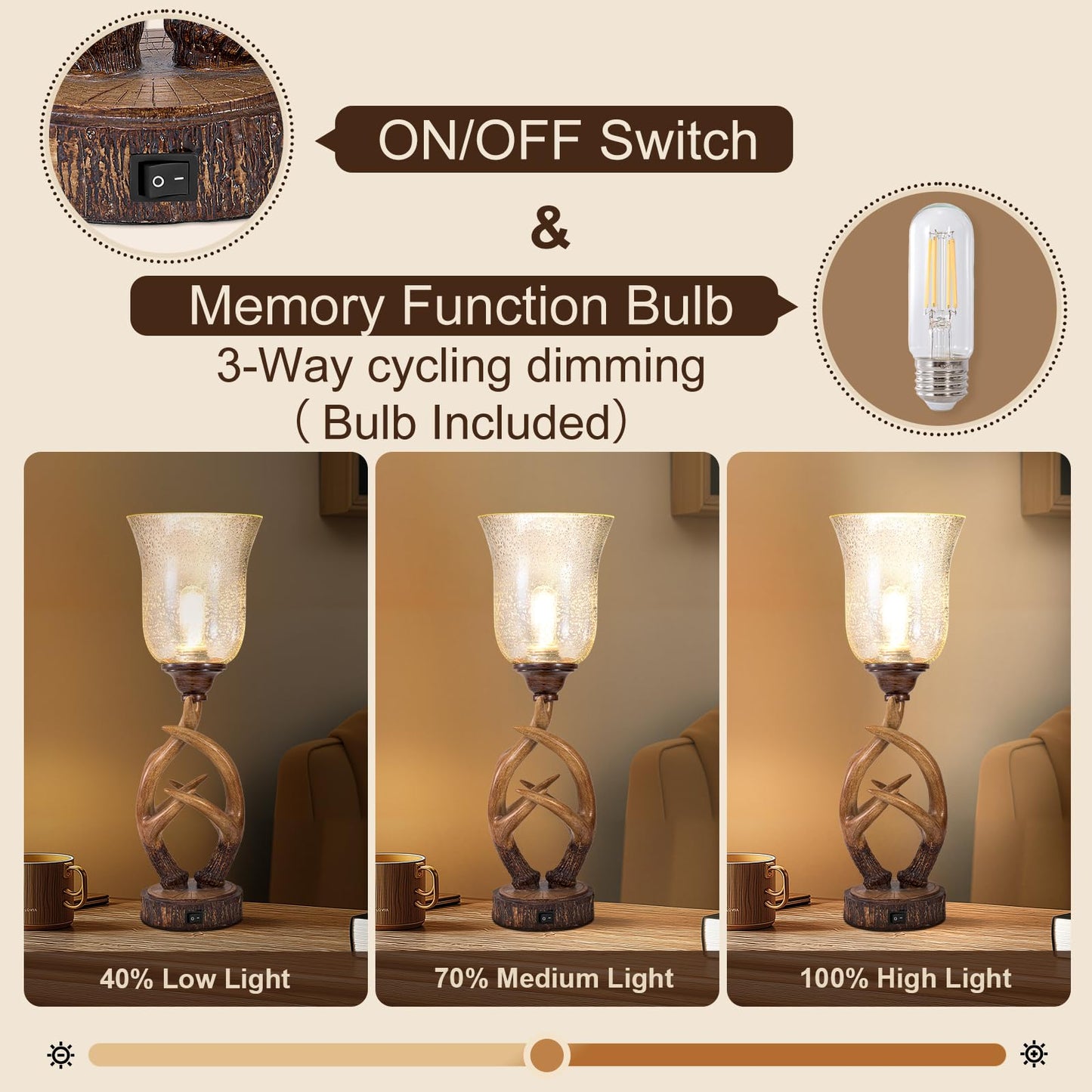Scenekoy Antler Table Uplight Lamp for Living Room Bedroom, 20.5” Resin Memory Function Bedside Lamps with Glass Shade, Rustic Nightstand Lamp with USB Ports for Home Room Decor (Bulb Included)