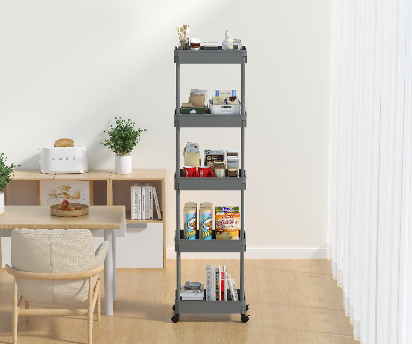 Sooyee 5-Tier Plastic Rolling Utility Cart with Wheels, Multi-Functional Storage Trolley for Office, Living Room, Kitchen, Movable Storage Organizer with Wheels,Grey