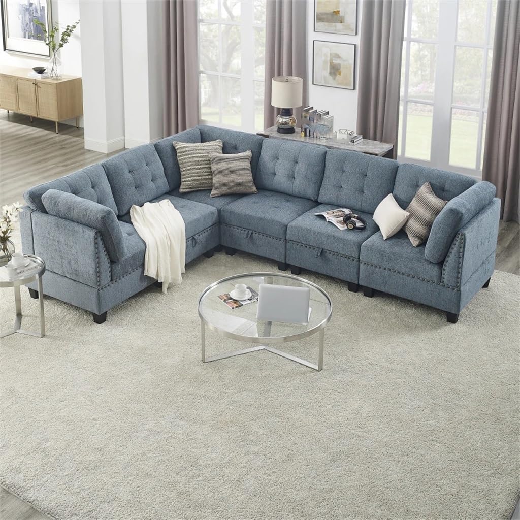 DUYHBAWRS L Shape Modular Sectional Sofa，Includes Three Single Chair and Corner ，Navy Chenille