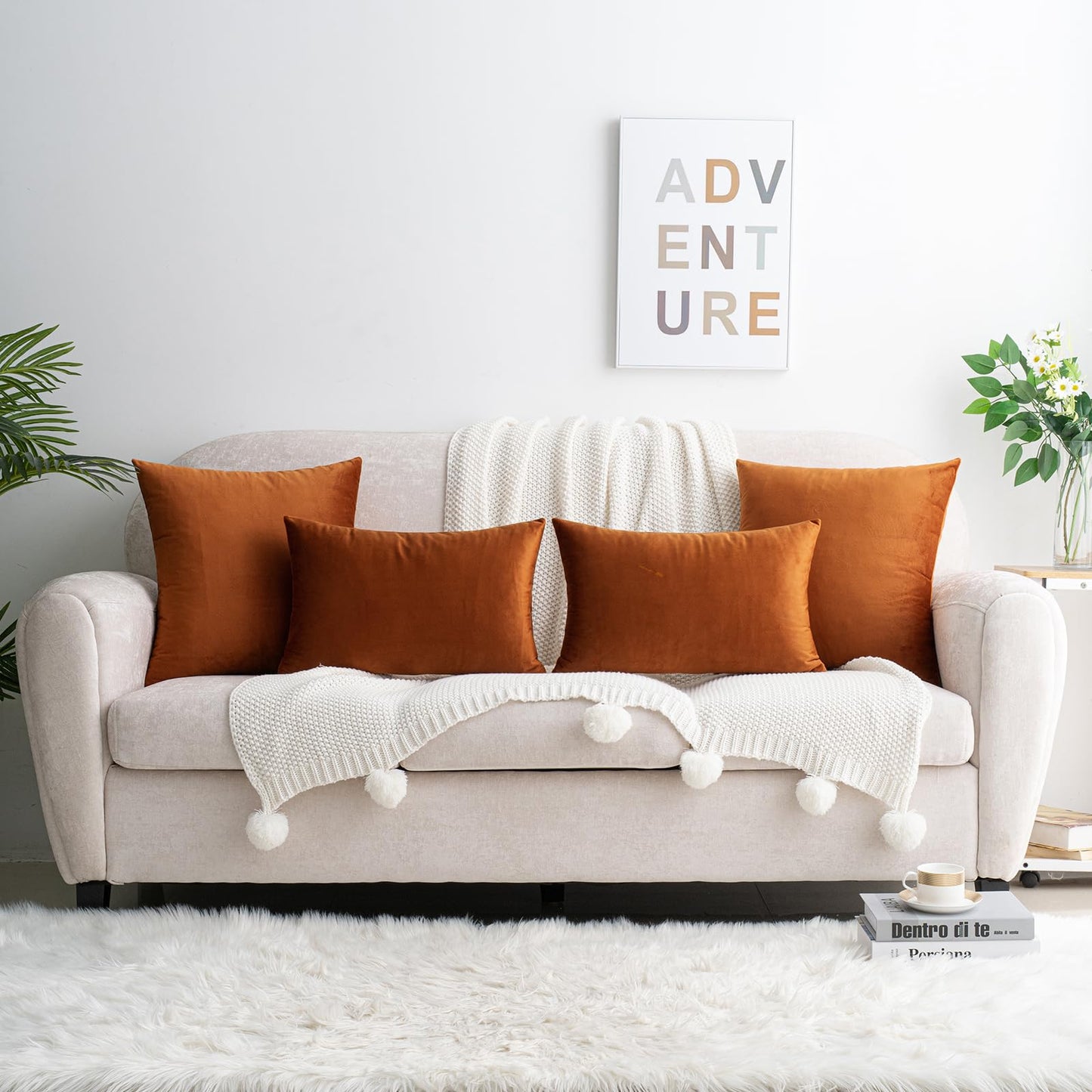 HWY 50 Burnt Orange Velvet Throw Pillow Covers 18x18 Inch, Pack of 2 Soft Cozy Solid Decorative Luxury Fall Cushion Cases for Couch Sofa Bed Living Room Bedroom