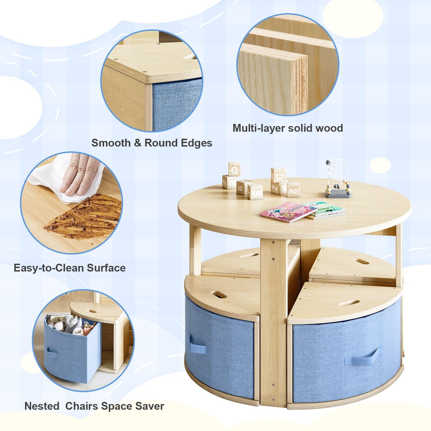 EXPERLAM Round Kids Table and 4 Chairs Set, Toddler Activity Table with Storage Bins Under Each Stool, Wooden Kids Table for Play, Art, Reading and Snacks, Space-Saving Children Furniture, Burlywood