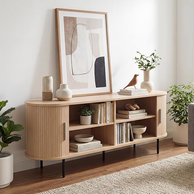 Tangkula Fluted TV Stand for TVs up to 60”, Mid Century Curved Entertainment