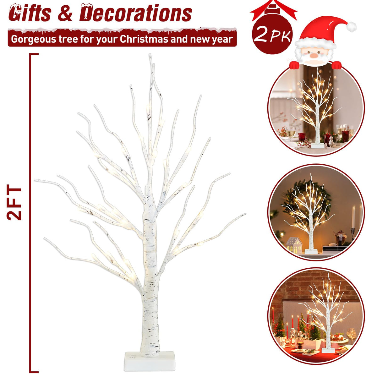PEIDUO Home Decor, 2FT Birch Tree with LED Lights, Warm White Light up Tree Lamp, Artificial Trees for Home Table Inside, Battery Powered, Timer (2PK)