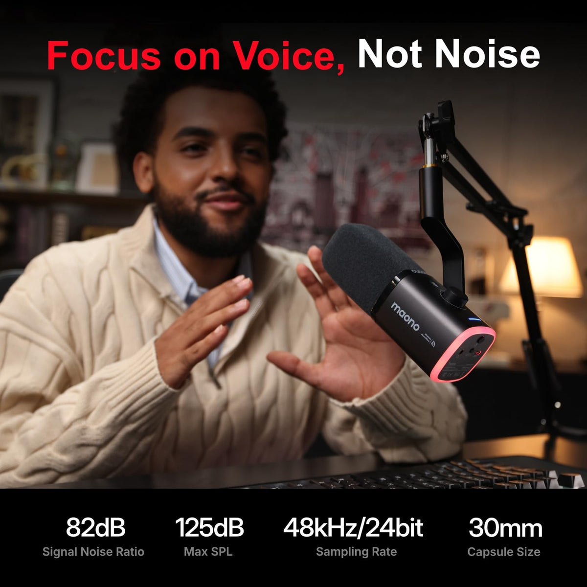 MAONO PD100W USB Wireless Microphone for PC, Gaming Streaming Dynamic Mic with One-Click Noise Reduction,Mute Button,Custom RGB, 3.5mm Headphone Jack, Desktop Podcasting Mic for Computer Phone, Black