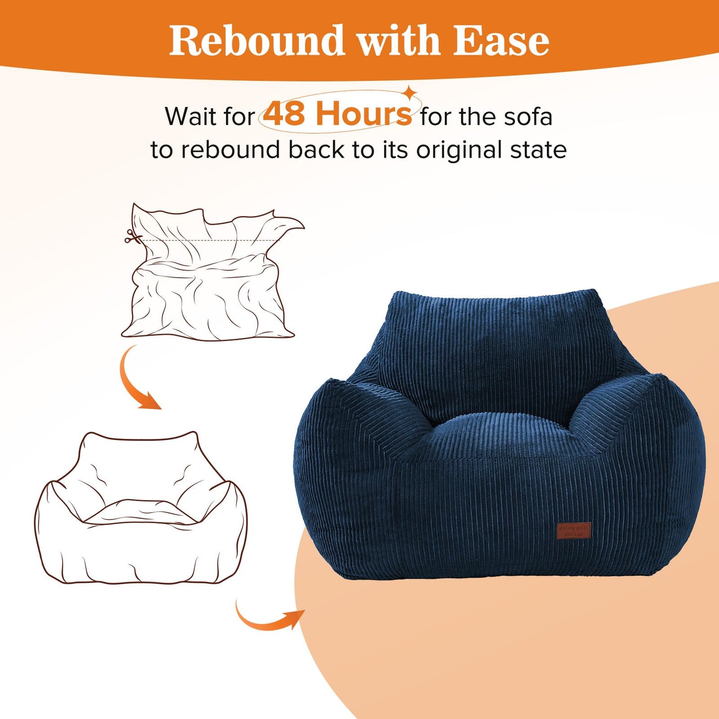 Vellorise Big Bean Bag Chair for Adults, Ultra Soft Living Room Bean Bag with Armrests, Stuffed BeanBag Chair for Napping, Gaming, Vacuum-Compressed for Easy Gifting, 48 Hours to Fluffs Up, Navy Blue