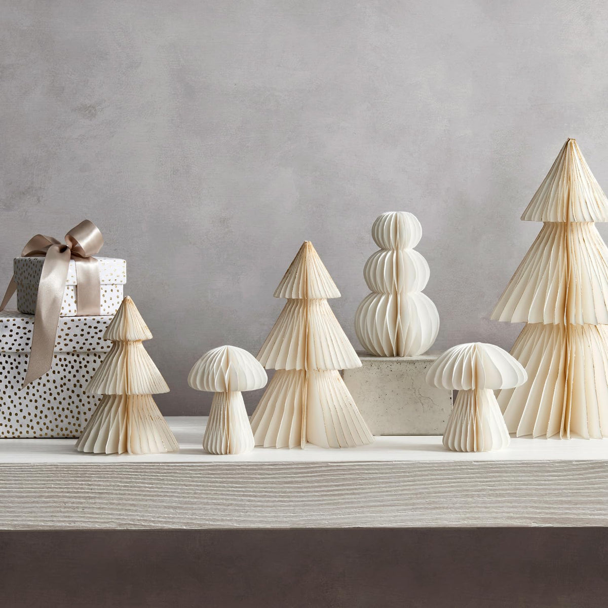 LampLust Paper Tree Decor, 2 Pack Honeycomb Paper Trees, 10 & 12 Inch, White & Gold Glitter Edge, Christmas Table Decor, Holiday Table Centerpieces, Christmas Decorations