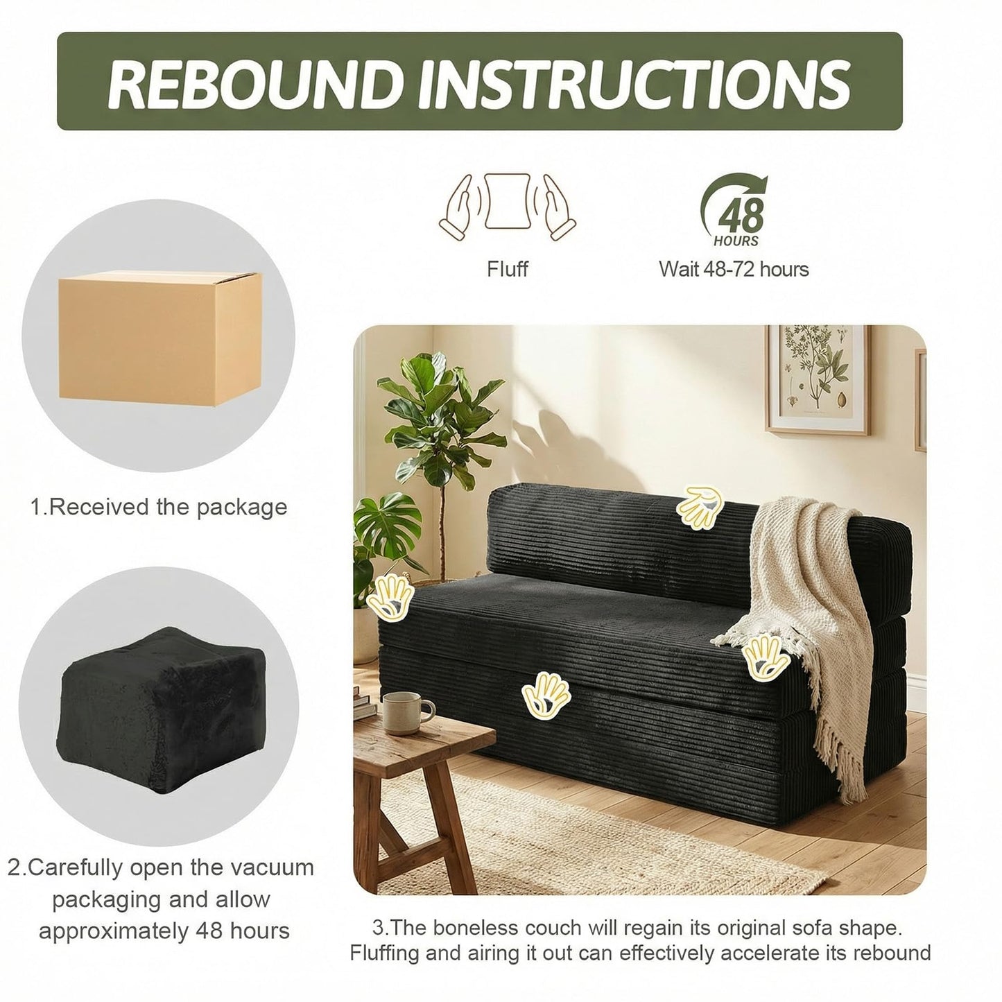 NLDD 5-in-1 Convertible Sofa Bed, Boneless Couch Loveseat with Removable Cushions & Washable Cover, Futon Sofa Bed with Handle, Pull Out Couch for Small Spaces, Queen Size, Black