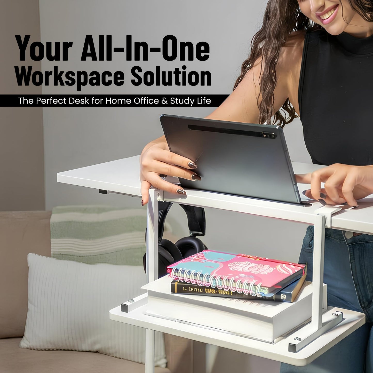 Model 2026 Adjustable Height Rolling Desk With Wheels Portable Compact Laptop Table Mobile Workstation For Study Office Small Space Standing Desk Ergonomic Writing Surface Modern Home Furniture White