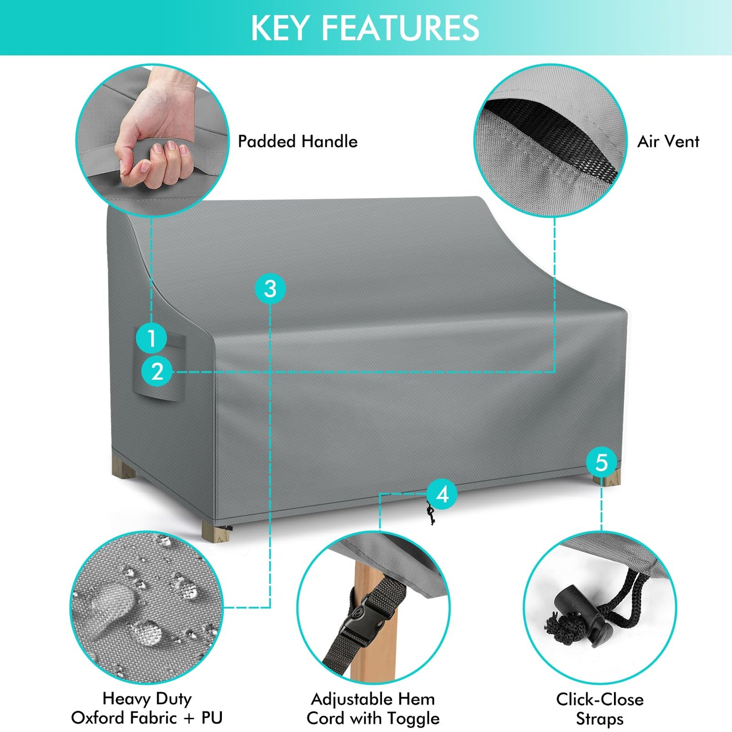 WLEAFJ Patio Sofa Cover Waterproof, Outdoor Loveseat Cover, Heavy Duty Outdoor Couch Cover, Large Lawn Patio Furniture Covers with Air Vent, 54’’ W x 37’’ D x 35’’ H, Grey