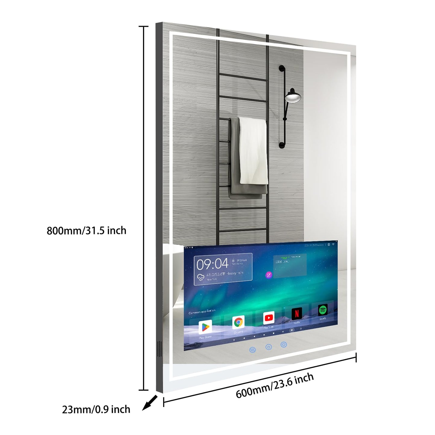 Haocrown 24x32 Inch LED Smart Bathroom Mirror with 21.5" Hidden Touchscreen, Android System, 3Colors Stepless Adjusted, Built-in Speakers, Clock & Weather, Anti-Fog, WiFi Bluetooth HDMI, Wall Mounted