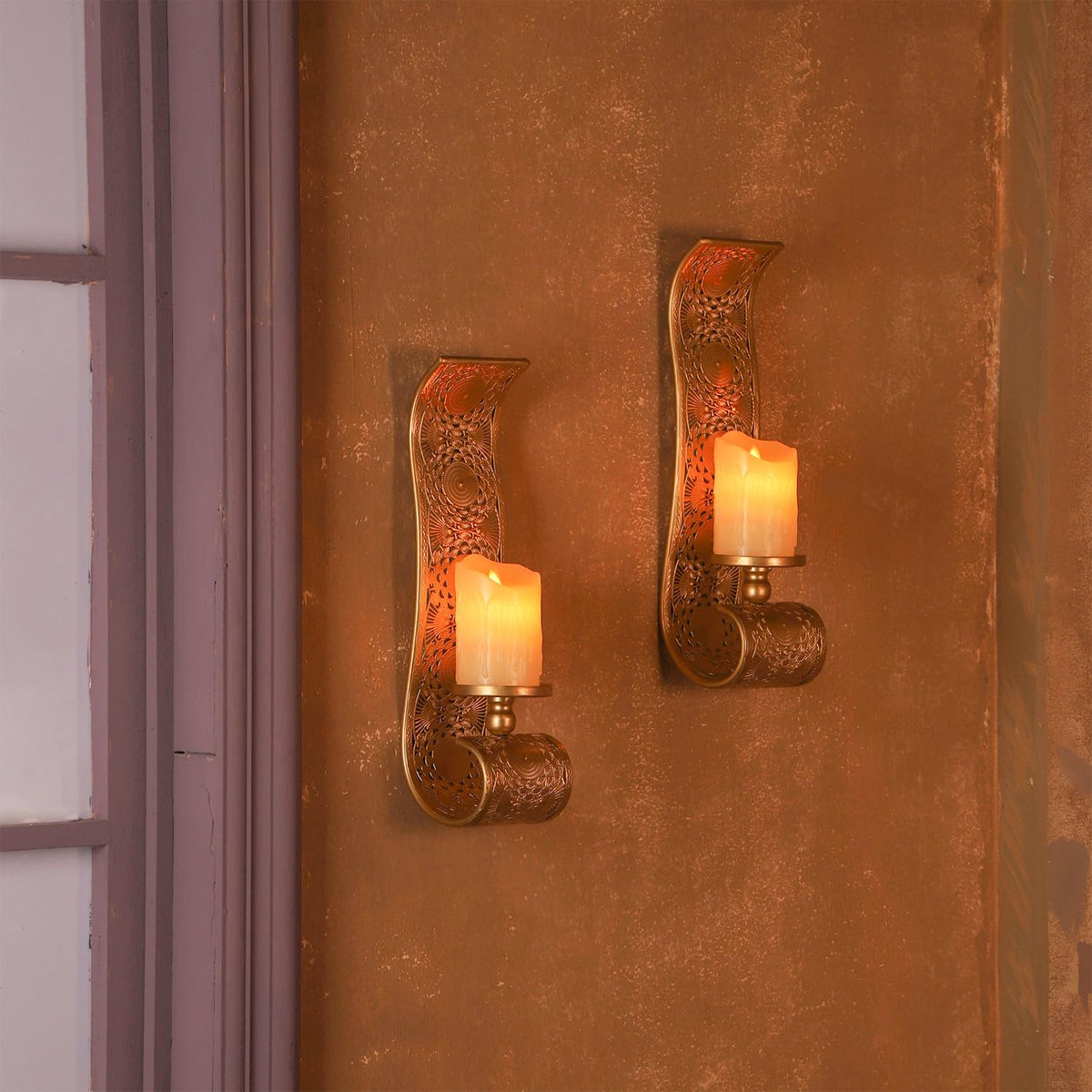 Capesaro Wall Candle Sconce Set of 2,Gold Metal Wall Mount Candle Holder，Spanish Baroque Hollow Carving Wall-Mounting Sconces for Living Room, Bathroom, Dining Areas,Hallways Decorations