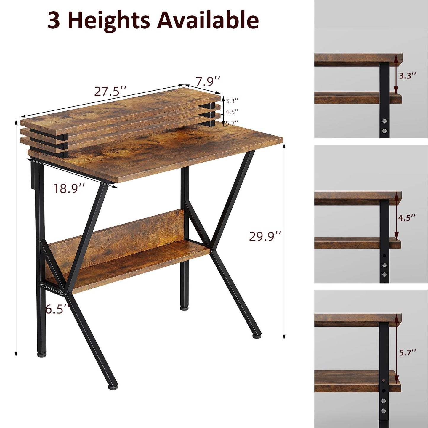 COTUBLR Small Desk, 27.5 Inch Small Computer Desk for Small Spaces, Computer Desk with Adjustable Monitor Stand, Compact Desk with Storage, Tiny Desk Study Desk for Bedroom Home Office, Rustic Brown