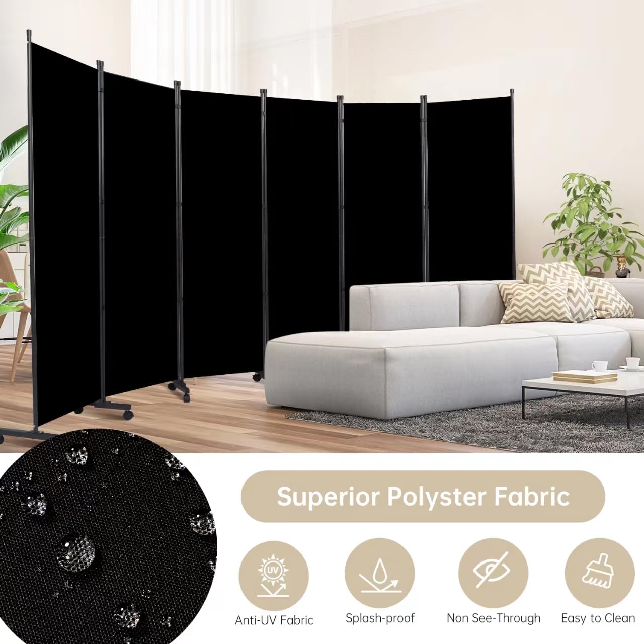 Room Divider 6 Panel Room Dividers/Wheels, Fabric Room Divider Panel for Office Room Partitions and Dividers, Portable Partition Wall Divider for Room Separation, Freestanding Privacy Screen Indoor