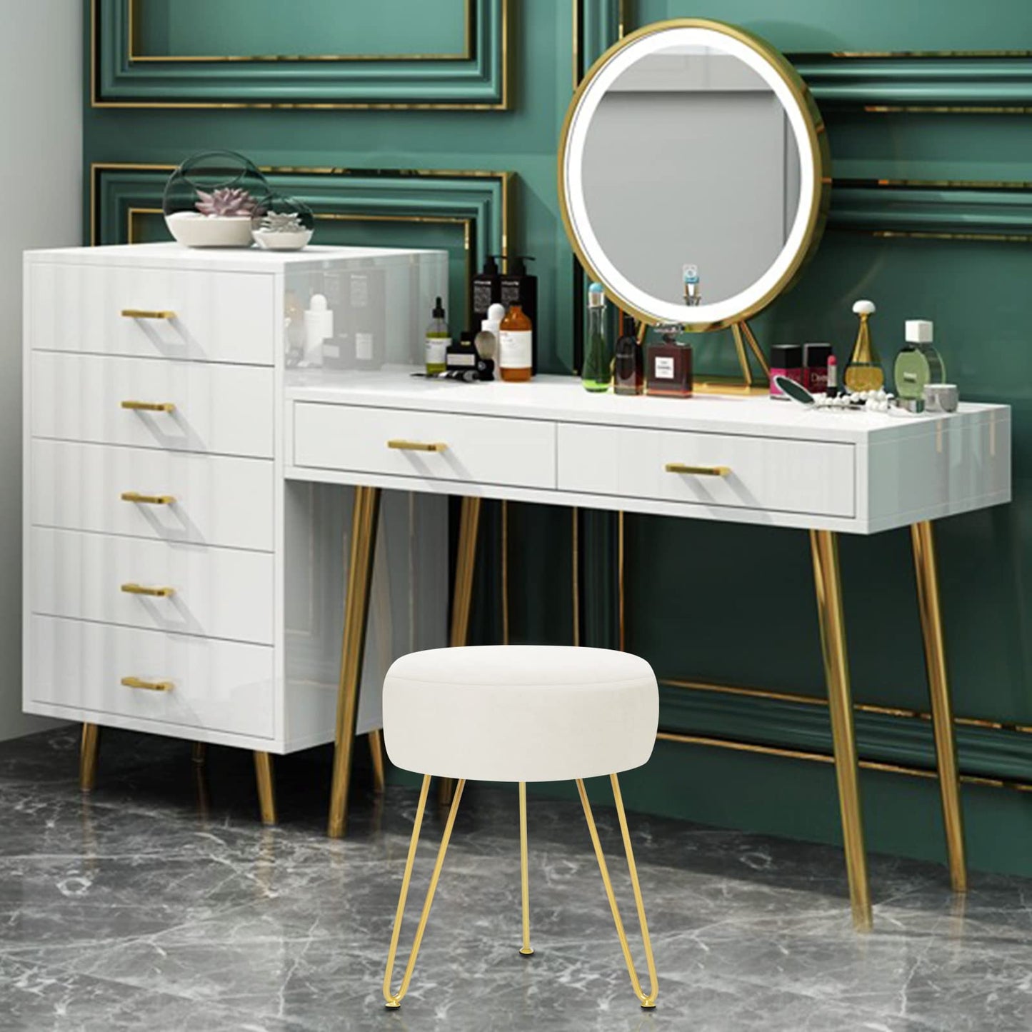 YOONIC Velvet Soft Modern Vanity Footstool -Round Footrest Stool Ottoman Side Table Seat Dressing with Golden Metal Leg and Sponge Filling,Upholstered Foot Rest,Living Room and Bedroom （Beige）