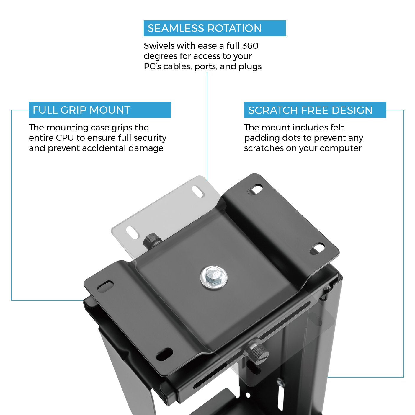 HumanCentric Adjustable Under Desk Computer Mount and Wall Mount, CPU Holder Fits Most PC or Computer Cases, Adjustable Height and Width, Full 360 Swivel, Up to 22 lb, Hardware Included