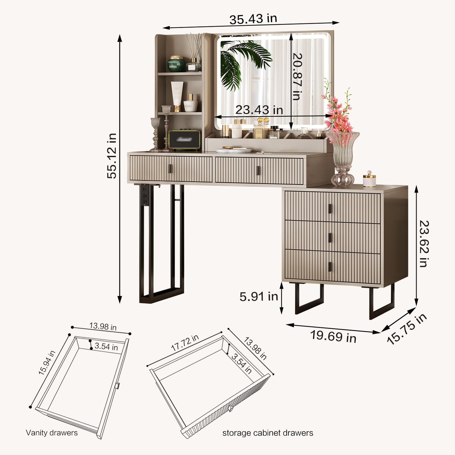 Large Vanity Desk with 3 Color Touch Screen Dimming Mirror, Vanity Desk with Charging Station, Modern Retractable Makeup Dressing Table, Makeup Table With storage shelves and 5 Sliding Drawers,Morandi