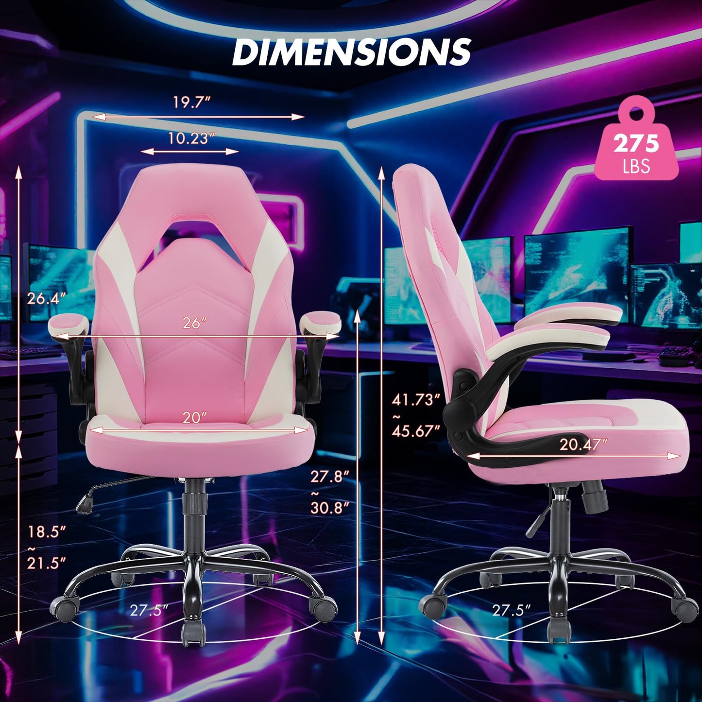 Sweetcrispy Computer Video Game Desk Chair - Ergonomic Comfy Lumbar Support, PU Leather with Flip-up Armrest, Height Adjustable and 360° Swivel, for Adults, Pink