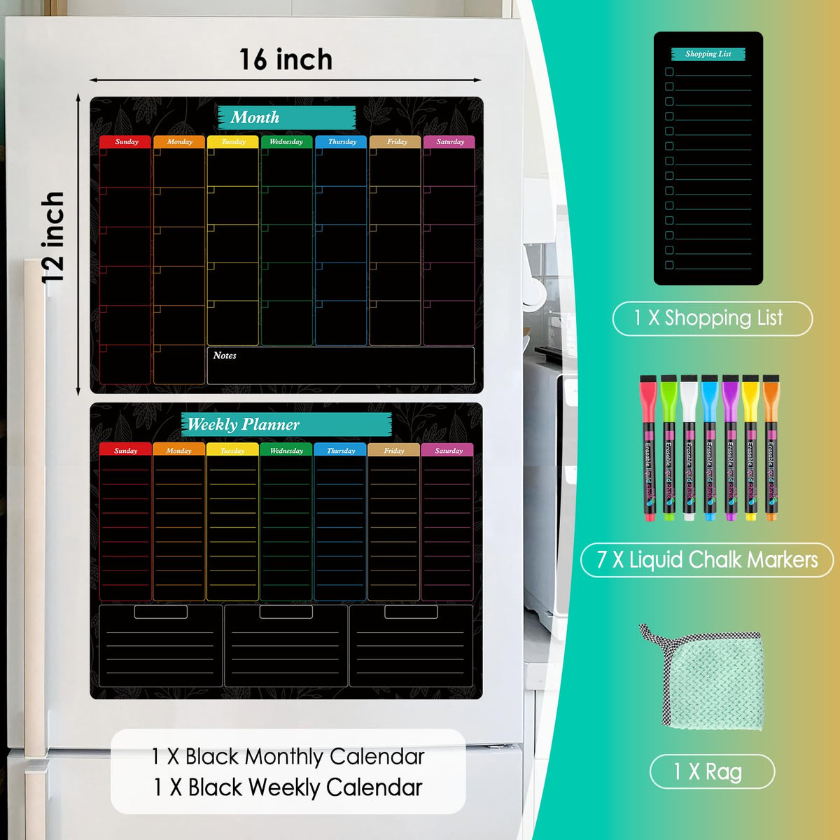 MaxGear Black Magnetic Calendar for Refrigerator, 16x12 Monthly and Weekly Dry Erase Fridge Whiteboard, Menu Schedule Planner Board, to-Do List, Notepad with 7 Markers,1 Eraser, and 1 Shopping List