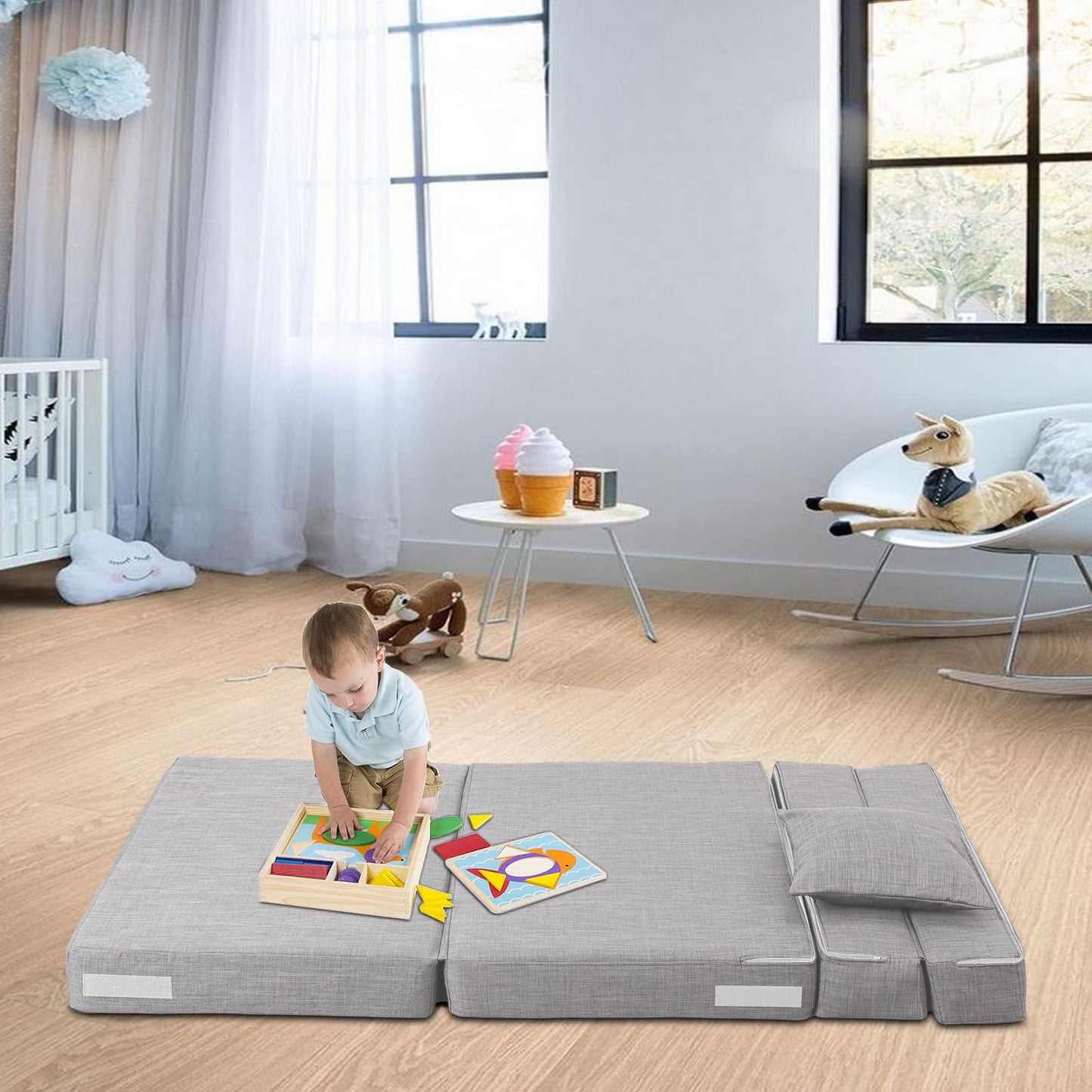 ANONER Folding Sleeper Chair Sofa Bed Lazy Couch with Pillow, Twin Size, Light Gray, Convertible Sleeper Chair and Foam Fold Out Chair Bed