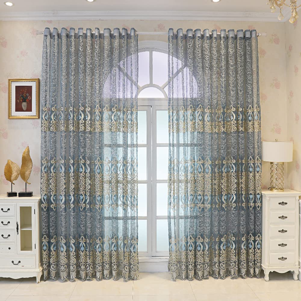 Amidoudou 1 Pair European Jacquard Sheer Curtains Embroidered Tulle Curtains Living Room Bedroom Luxury Translucent Window screening (Blue Grey,63x96 Inch)