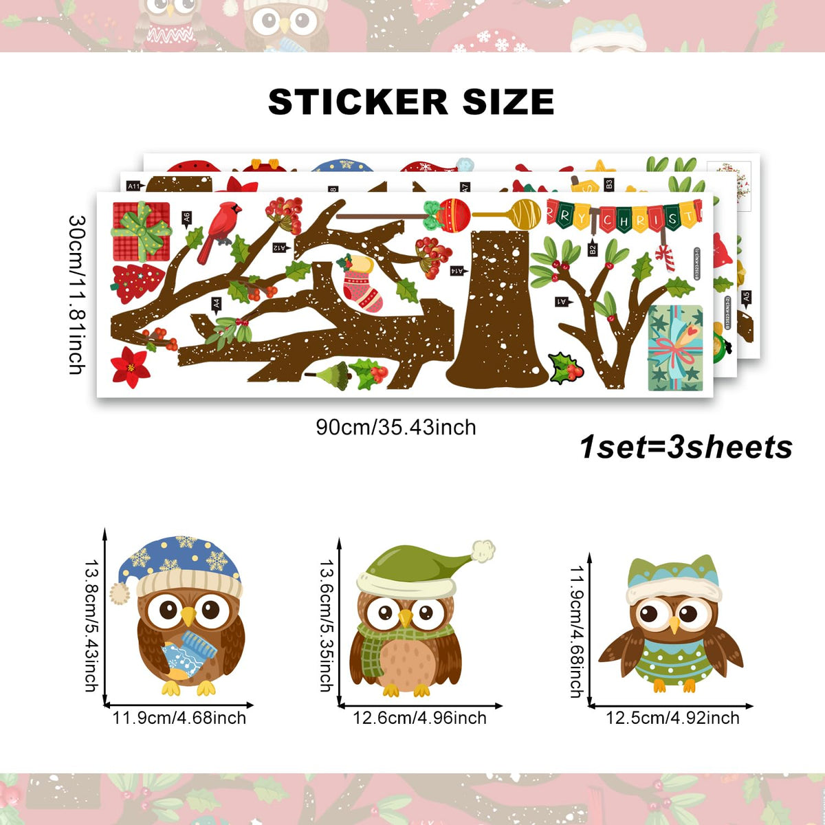 Christmas Tree Wall Stickers Vinyl Cute Owl Wall Decals Peel and Stick Decal for Home Office Walls Windows Doors Christmas Decor (35.43inch x 11.81inch, 3 Sheets)