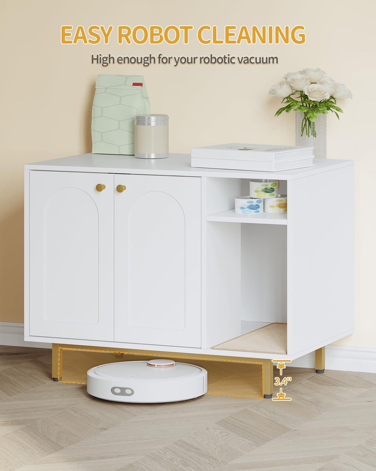 Hzuaneri Cat Litter Box Enclosure,Hidden Litter Box Furniture with Storage, Large Wooden Cabinet with Sisal Mat, Modern Cat Washroom for Living Room, Bedroom, Entryway, White and Gold 01503GCLB