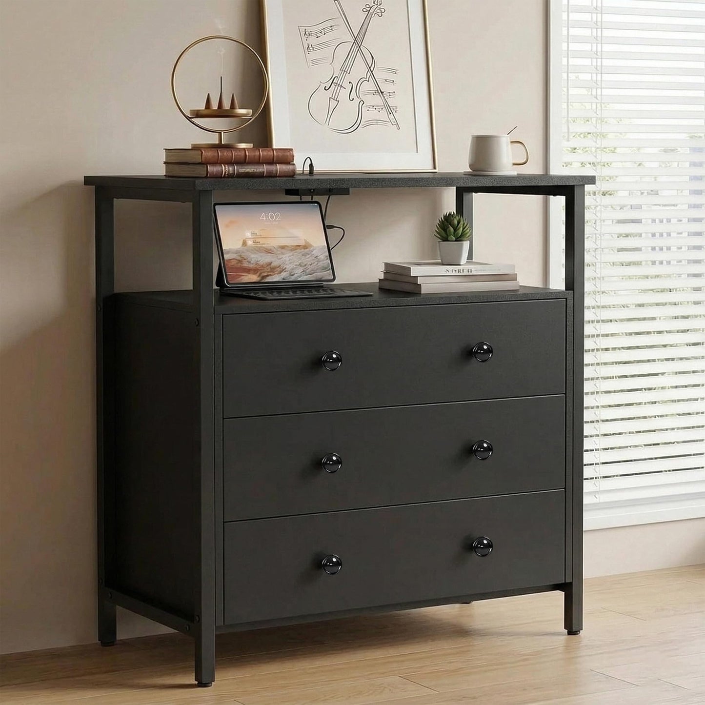 Edbuosy 3 Wooden Drawers Night Stand, 27 Inch Wide Nightstand with Charging Station and Adjustable Drawers, Small Dresser for Closet, Bedside Table for Living Room/Bedroom/Office, Black.