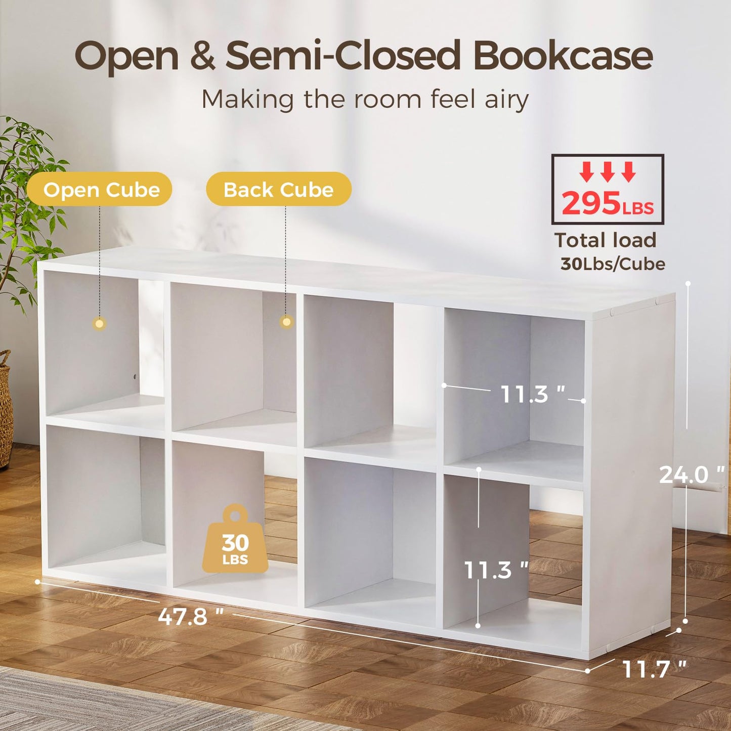 COMHOMA 8 Wood Cube Storage Organizer with Open Back and Removable Back Panels, 11In White Cube Storage Bookshelf, Cubicle Shelf Bookcase for Home Office Bedroom Living Room, Vertical or Horizontal