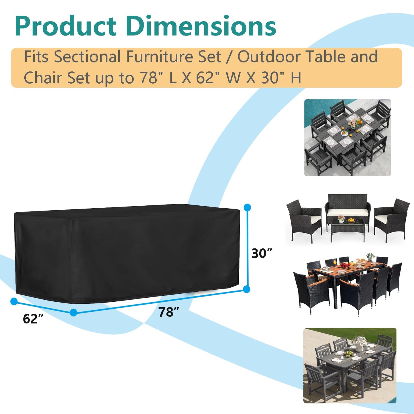 Patio Dining Table Sets Cover, Outdoor Dining Furniture Set Cover for Table with 6-8 Chairs, Patio Furniture Set Cover for 4-Piece Conversation Set, Waterproof and Windproof, 78" L× 62" W× 30" H