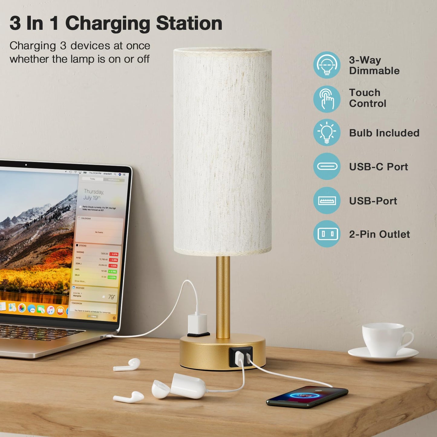 Fenmzee Gold Nightstand Bedroom Lamp - 3 Way Dimmable Bedside Lamp USB C A Charging Ports and AC Outlet, Small Table Lamp Linen Lampshade for Office Desk, LED Bulb Included