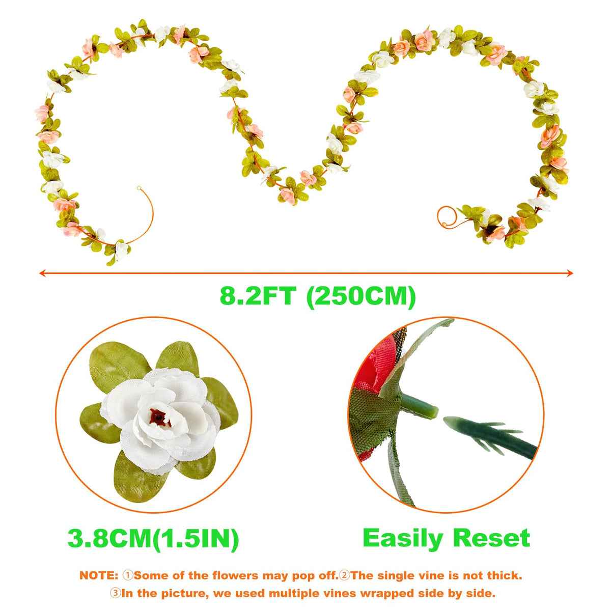 PONKING 8 Pcs x 8.2 ft Flower Garland Artificial Rose Vine Flowers with Green Leaves Hanging Fake Roses Vine for Room Party Home Wedding Birthday Christmas Wall Arch Decor, Fall Champagne Flower