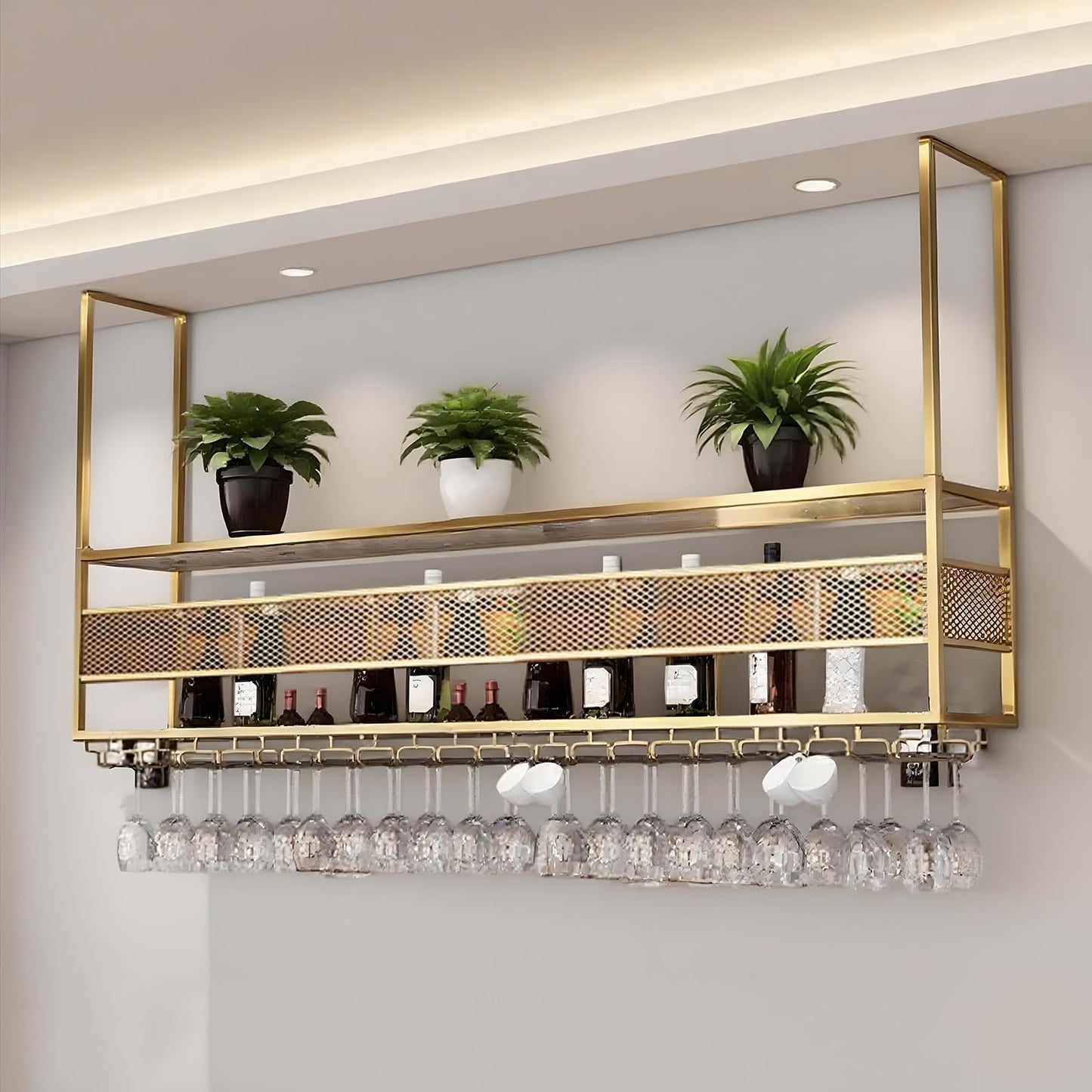LWJQRSP Gold Metal Hanging Wine Rack - 2-Tier Ceiling Wine Glass Holder Stylish Bar Display & Storage for Restaurants Cafes and Kitchens - 80cm Length