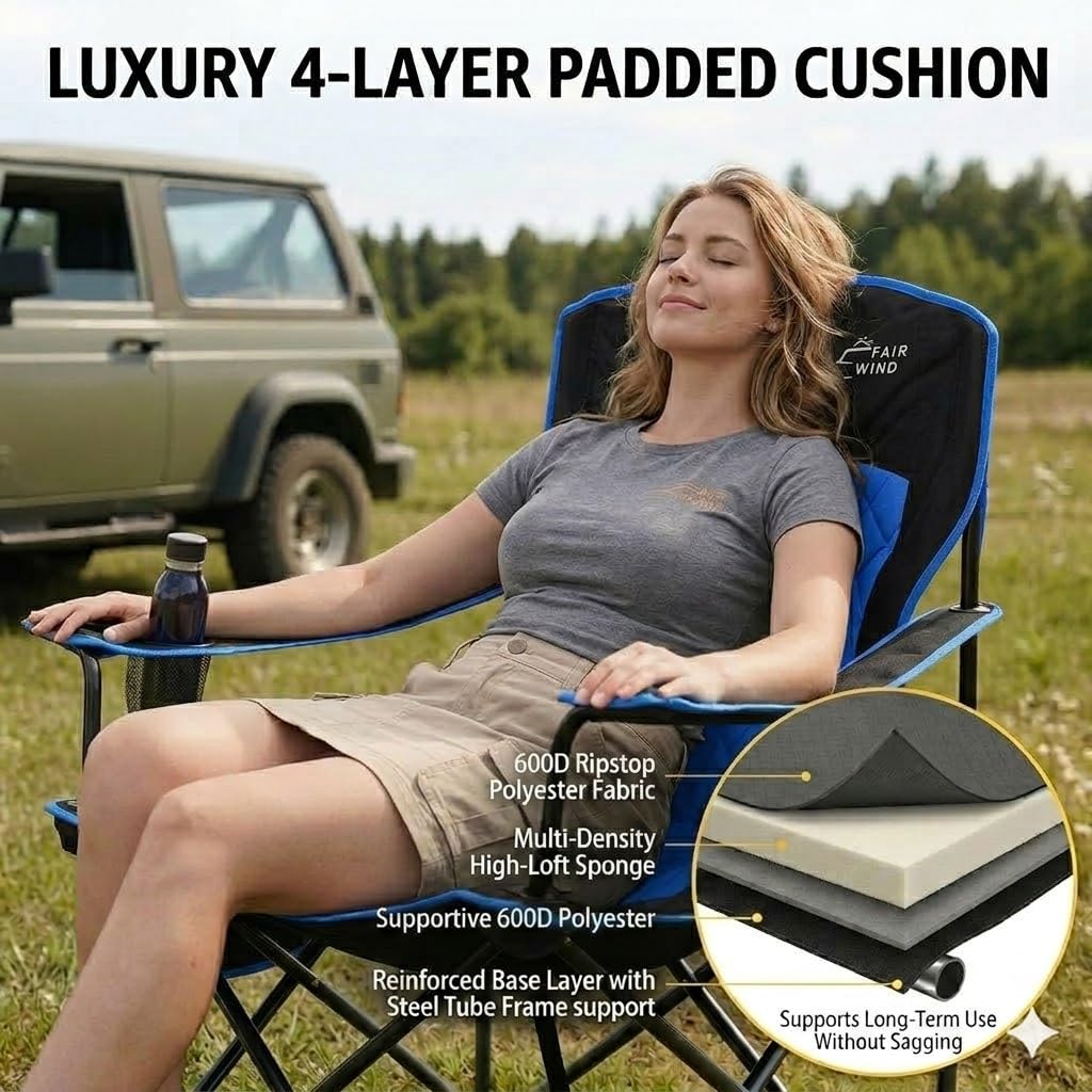 FAIR WIND Camping Chair 2 Pack 400 LBS Capacity Fully Padded Portable Chair with Side Pocket & Cup Holder, Heavy Duty Lawn Chair for Outside, Tailgating,Beach, Sports