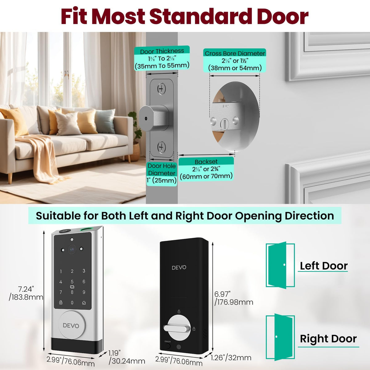 DEVO G1 Keyless Entry Deadbolt- 6-in-1 Smart Lock with Camera & Doorbell, Wi-Fi Smart Door Lock for Front Door with Fingerprint, Auto Locks, App Remote Light Sliver