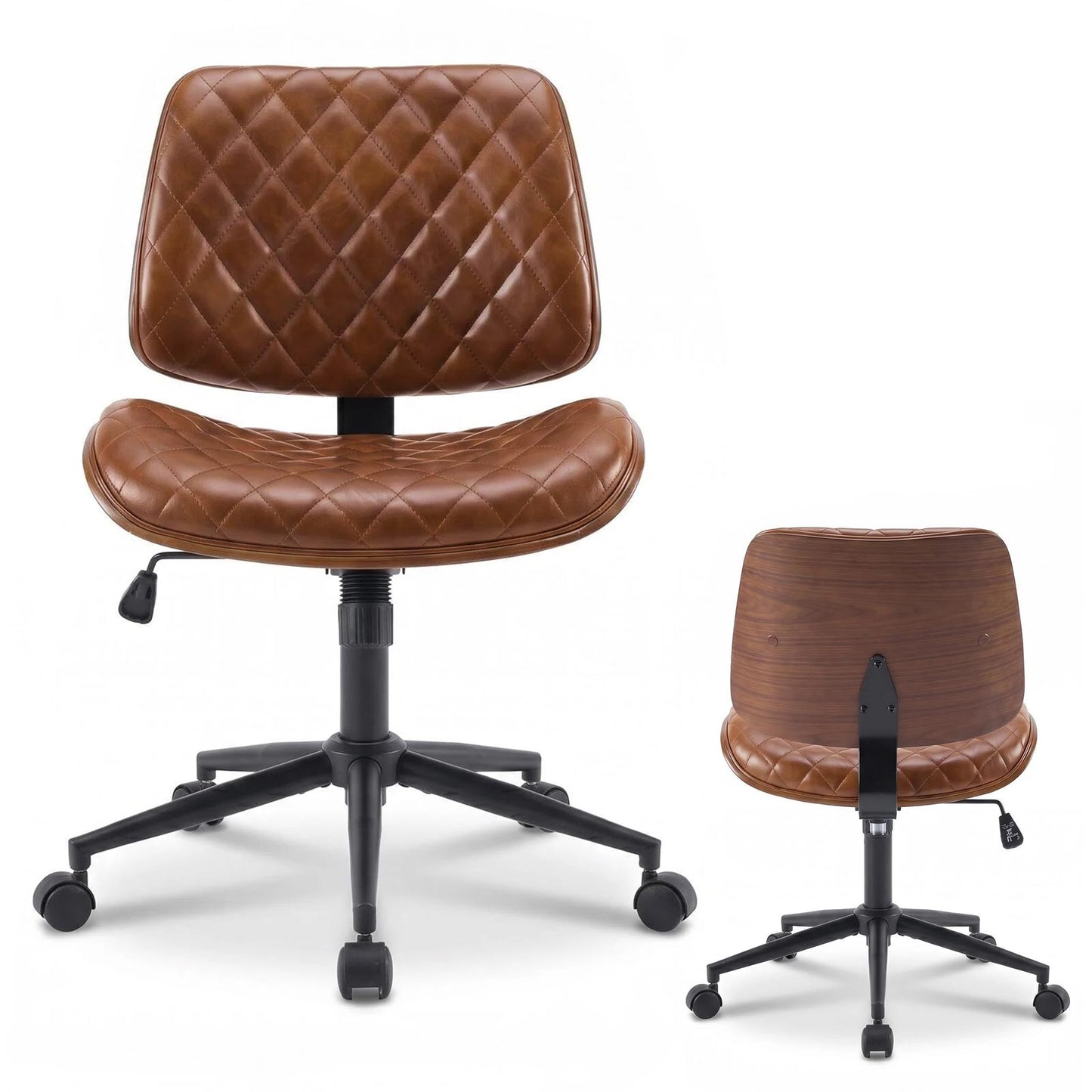 Furnimart Armless Small Desk Chair with Wheels, 360° Swivel Faux Leather Vanity Chair for Bedroom, Compact Home Office Task Chair for Small Spaces, Heavy-Duty Wood Frame(PU Brown)