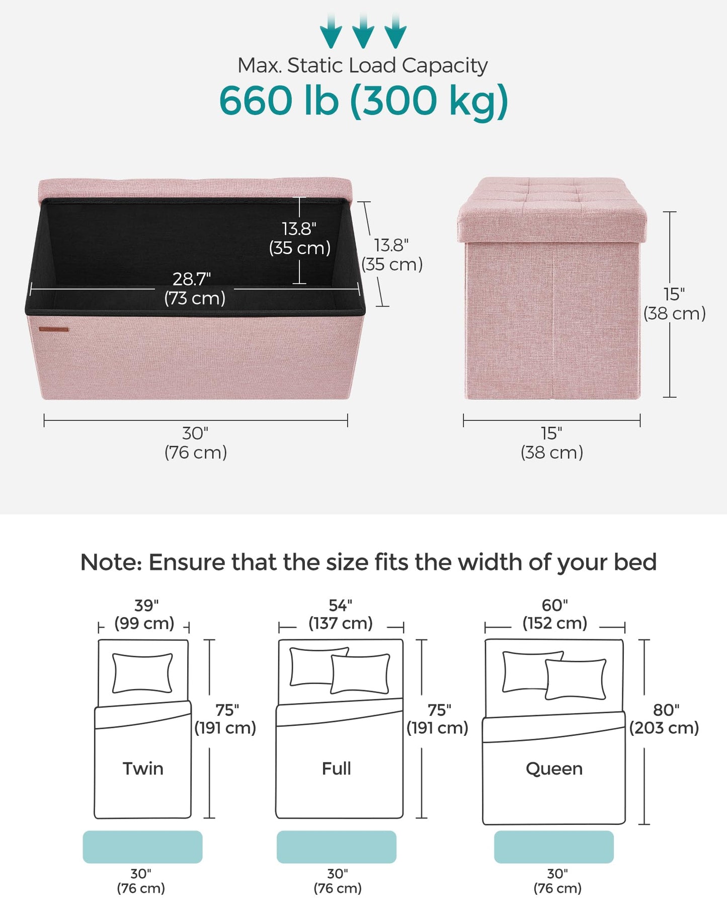 SONGMICS Mazie Collection - 30 Inches Folding Storage Ottoman Bench, Ottoman Foot Rest, End of Bed Bench, Storage Chest, Load 660 lb, for Living Room, Bedroom, Entryway, Jelly Pink ULSF047R11