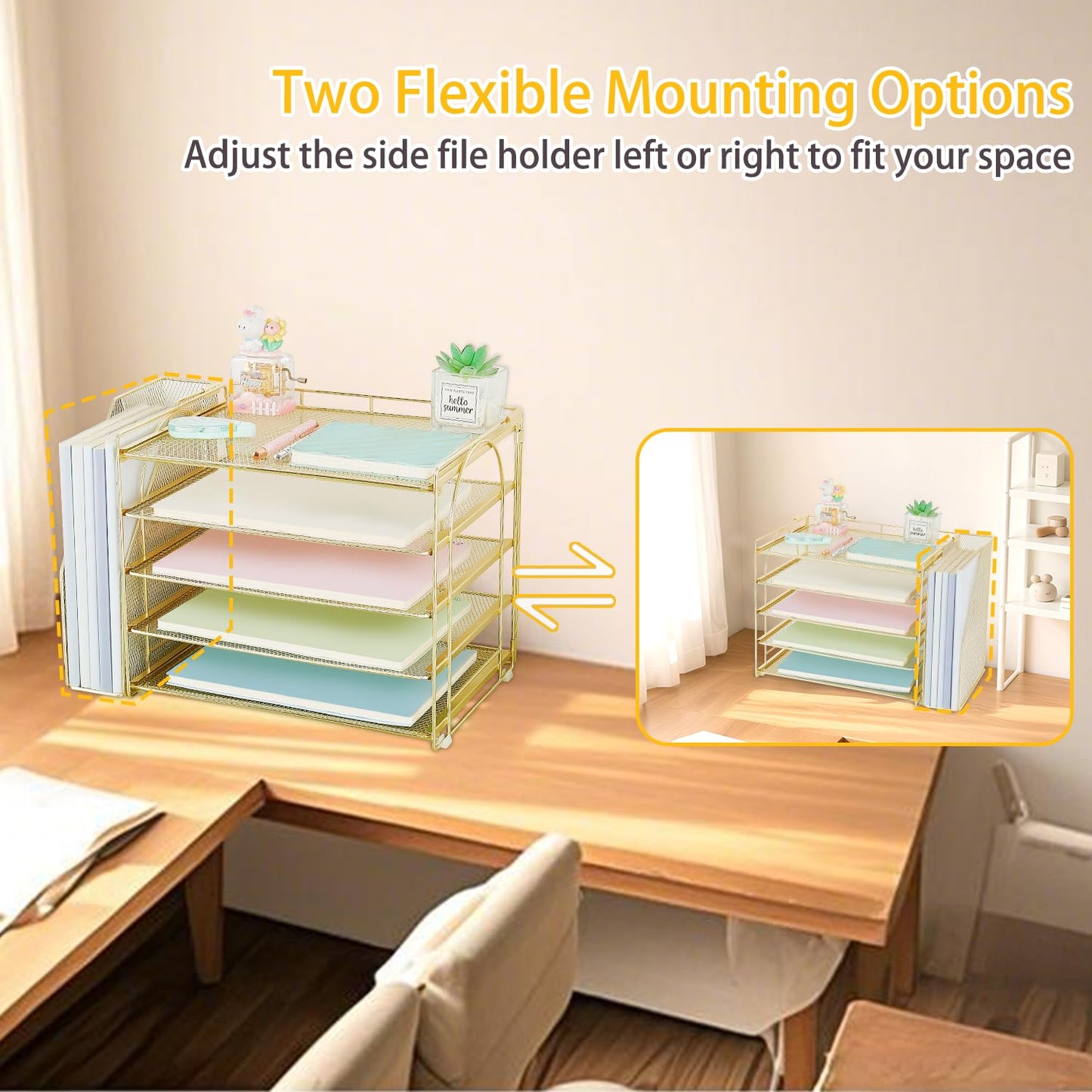AUPSEN Gold Desk Organizers and Accessories, 5-Tier Desktop Paper File Organizer with Removable File Holder, Desk Accessories & Workspace Organization for Home Office Supplies (Gold)