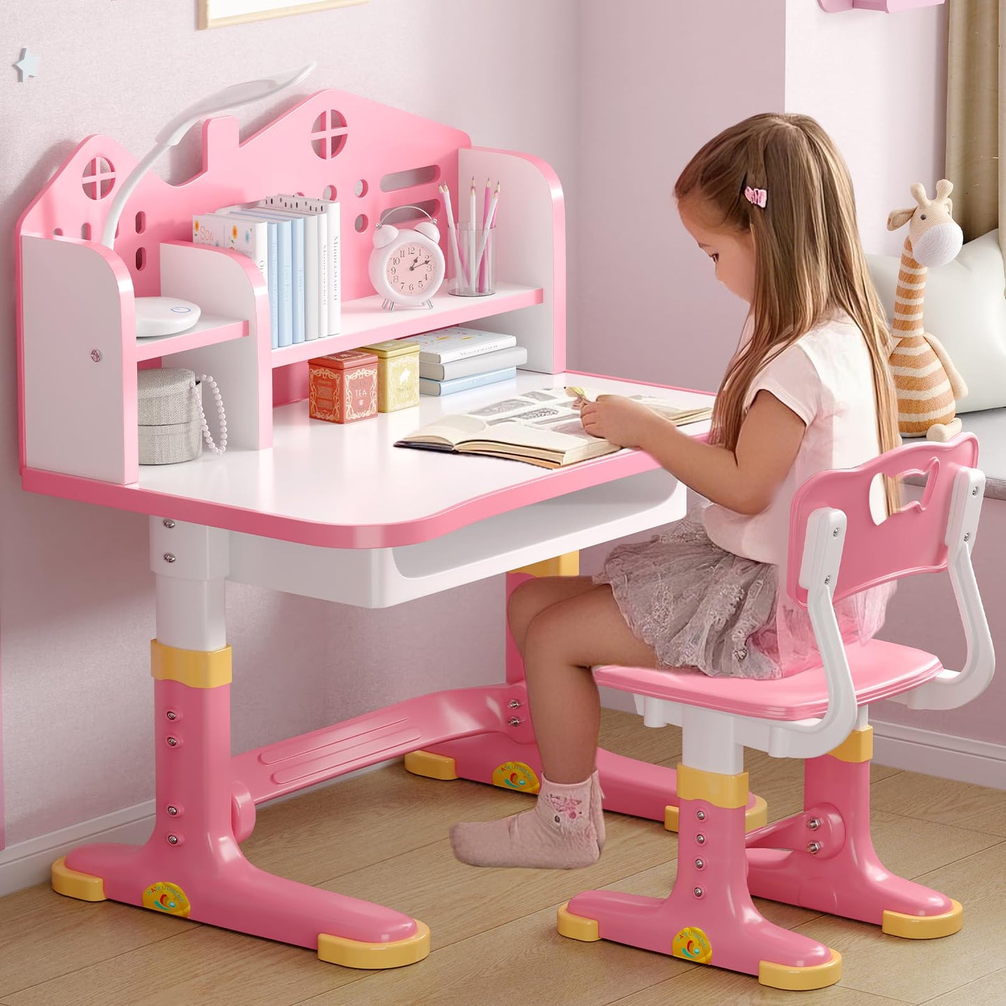 Xaperexi Kids Desk and Chair Set, Height Adjustable Child's School Study Writing Tables, Kids Desk with Bookstand and Storage Drawer, Widened Desktop with Desktop for Boys and Girls