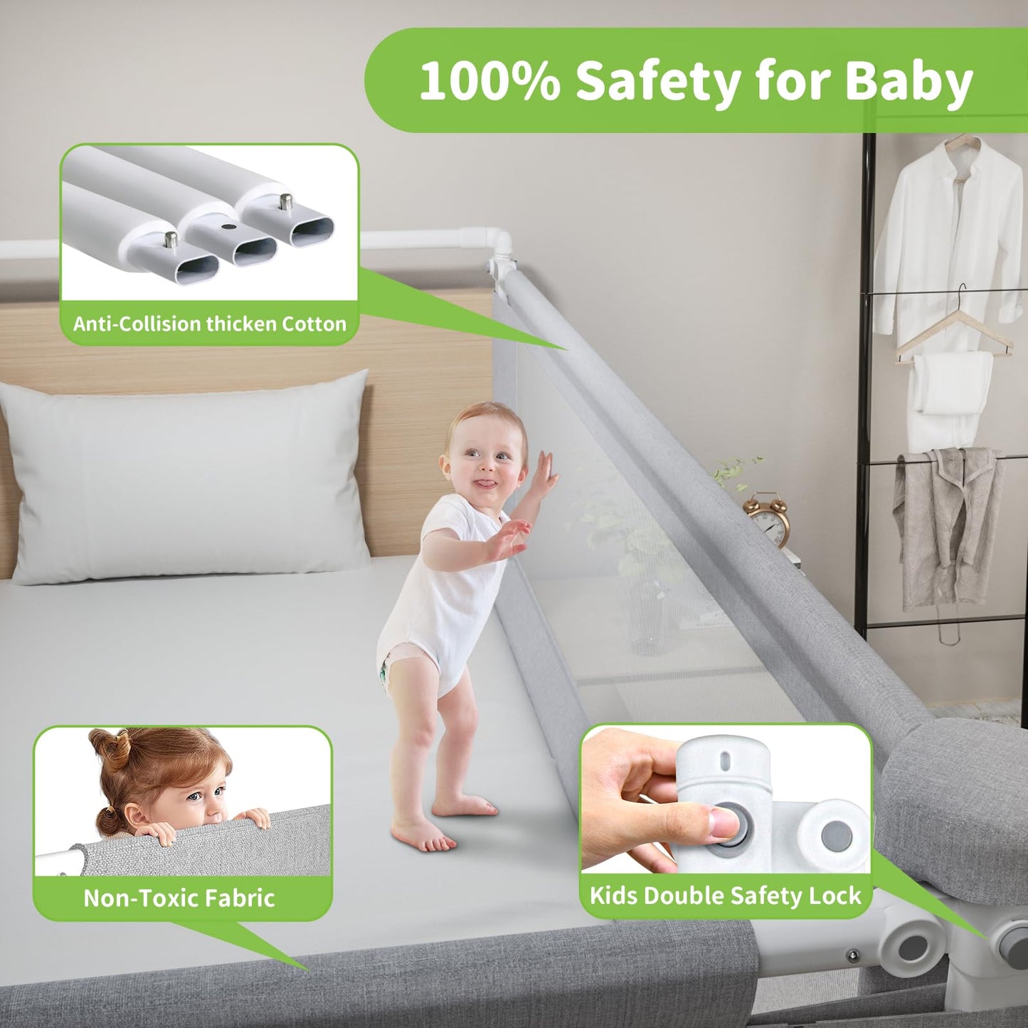 Novalithic 1-Piece Adjustable Height Baby Bed Rail, Kids Safety Guard Rails for Twin Full Queen King Size (1 Side:60")