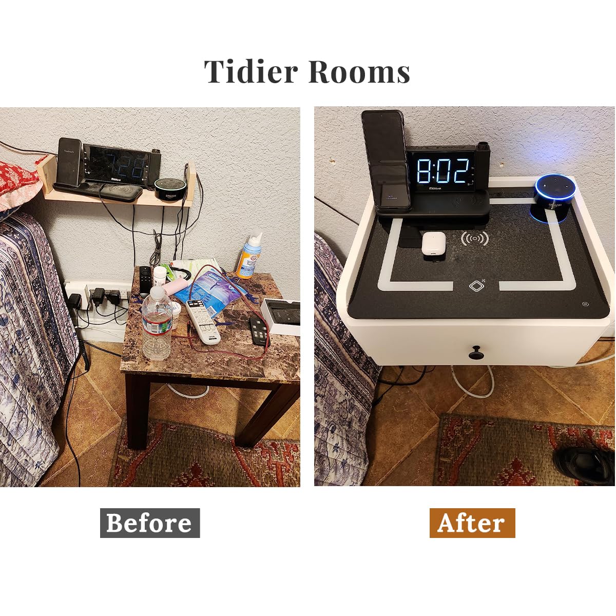 HOMEMORE Floating Nightstand with Charging Station Bedside Table LED Smart Bedside Table Wall Mounted Nightstand White