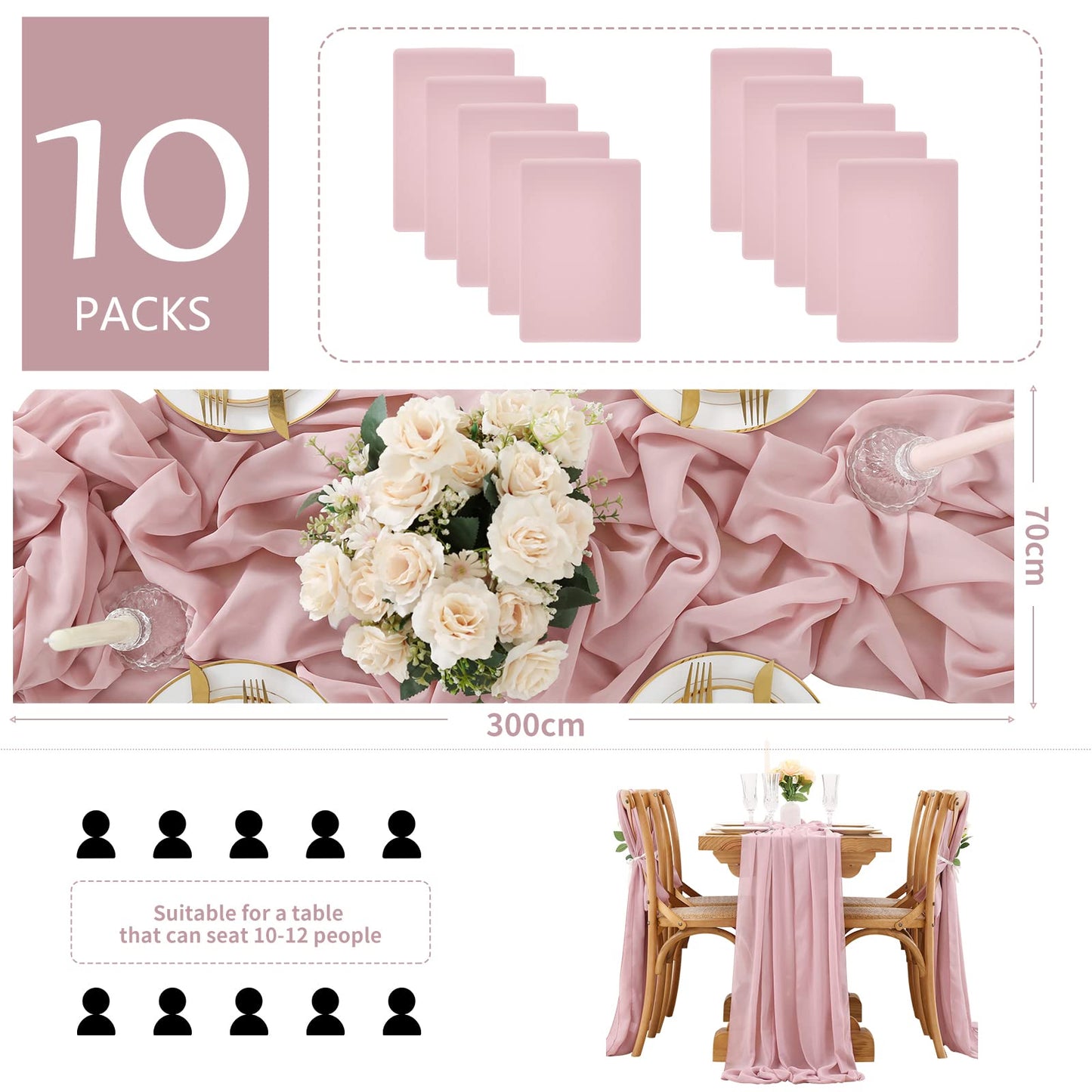Dusty Rose Chiffon Table Runner 10 Pieces 27x120 Inches Elegant Soft Table Runners for Wedding Reception Table Decoration